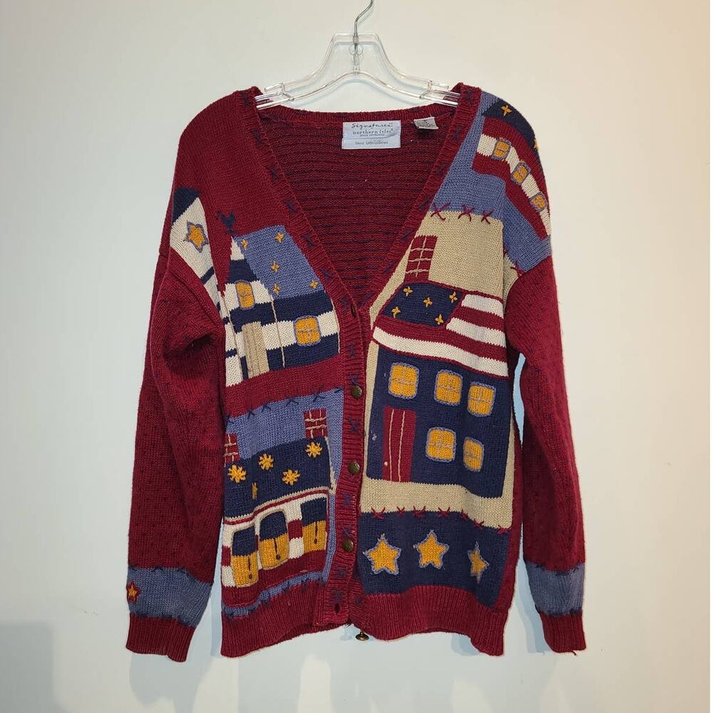 Signatures by Northern Isle hand embroidered v-neck cardigan sweater - small